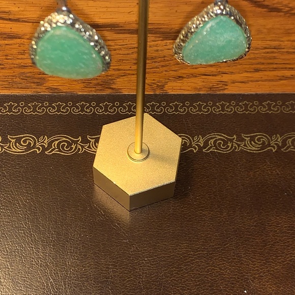 Green Druzy Earrings with Gold Trim - Picture 3 of 9